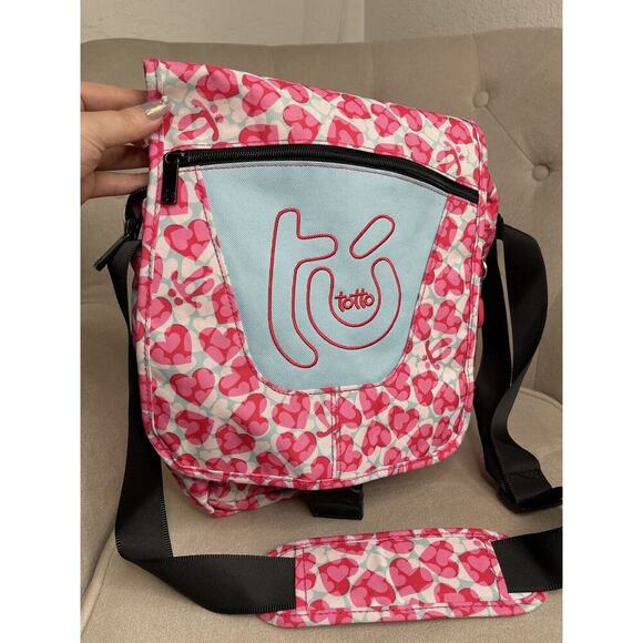 Totto Multicolor Pink Hearts Messenger Bag Shoulder Bag Blue Pink Travel School - Picture 2 of 6